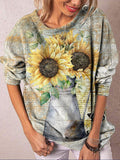 Vintage Sunflower Crew Neck Long Sleeve Top
