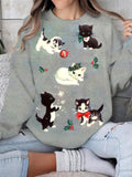 Women's Christmas Cat Print Round Neck Long Sleeve Top