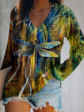 Dragonfly Abstract Art Print V-Neck Long Sleeve Top