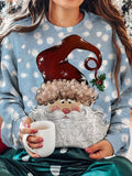 Santa Claus Print Crew Neck Long Sleeve Casual Top