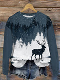 Winter Forest Snowflake Deer Women's Round Neck Long Sleeve Top
