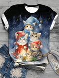 Watercolor Christmas Cats Crew Neck T-Shirt