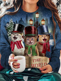 Women's Christmas Cat Print Crew Neck Long Sleeve Top