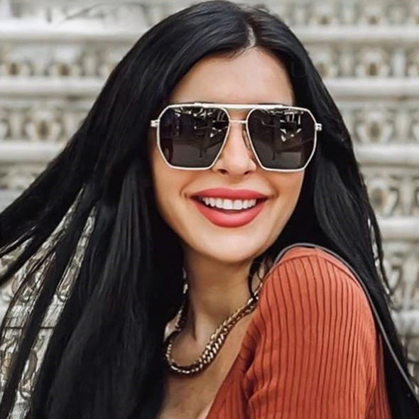 Retro Oversized Square Polarized Sunglasses for Women Men Vintage Double Bridge Shades UV400 Classic Large Metal Sun Glasses