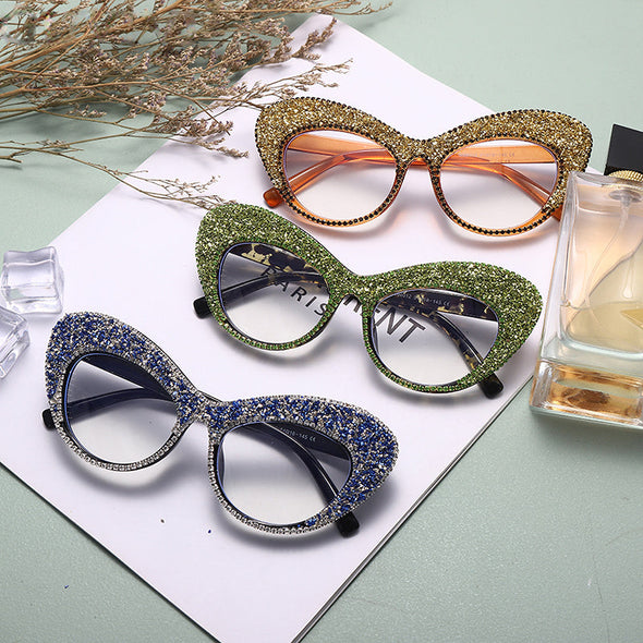 Shiny Cat Eye Anti Blue Light Glasses Rhinestone Decor Oversize Oval Clear Glasses Diamond Crystal Spectacles Optical Frame