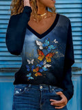 Colorful Butterfly Print Long Sleeve V Neck Top