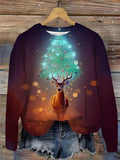 Deer And Christmas Tree Print Round Neck Long Sleeve Top