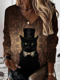 Black Cat Print V-Neck Long Sleeve Top