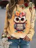 Women's Cute Owl Floral Print Top