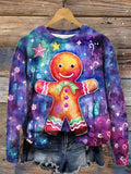 Women's Colorful Gingerbread Man Print Round Neck Long Sleeve Top