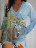 Watercolor Dragonfly Print V-Neck Long Sleeve Top