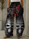 Gothic Rose Skull Print Pocket Trousers