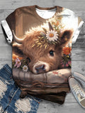 Cute Baby Highland Cow Print V-Neck T-Shirt
