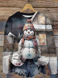 Vintage Snowman Print Round Neck Long Sleeve Top