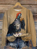 Chicken And Coffee Print Round Neck Long Sleeve Top