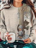 Kid And Bear Print Round Neck Long Sleeve Top