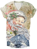 Vintage Christmas Print V-Neck T-Shirt