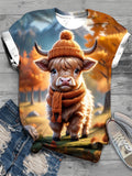 Cute Adorable Baby Highland Cow Print Crew Neck T-Shirt