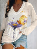 Flower And Butterfly Print V-Neck Long Sleeve Top