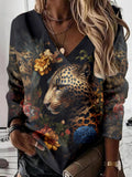 Floral Panther Print V-Neck Long Sleeve Top