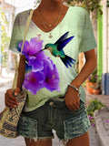 Purple Flower Hummingbird V-Neck T-Shirt