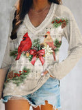 Winter Cardinal Wreath Print V-Neck Long Sleeve T-Shirt
