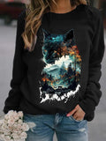 Cat Forest Tree Mountain Round Neck Long Sleeve Top