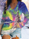 Women's Christmas Forest Print V-Neck Long Sleeve T-Shirt