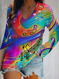 Musical Notes Print V-Neck Long Sleeve Top
