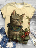 Vitange Cat Print Crew Neck T-shirt