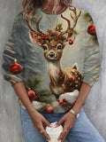 Christmas Deer Print Long Sleeve Casual Top