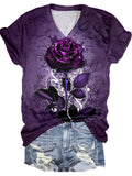 Alzheimer's Awareness Purple Rose Print V-Neck T-Shirt