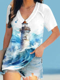 Watercolor Lighthouse Scene Print V Neck T-shirt