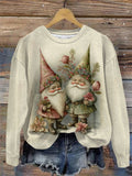 Vintage Floral Gnome Print Round Neck Long Sleeve Top