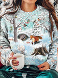 Winter Forest Animals Printed Long Sleeve Top