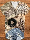 Floral Clock Record V-Neck T-Shirt