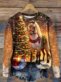 Christmas Tree and Horse Print Crew Neck Top