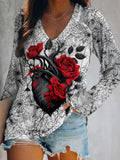 Vintage Gothic Heart With Roses Print V-Neck Top