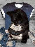 Black and White Cat Love Print Crew Neck T-Shirt