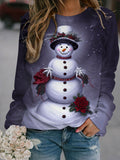 Floral Snowman Print Long Sleeve Casual Top