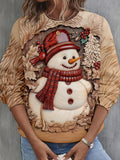 Red Plaid Snowman Long Sleeve Casual Top