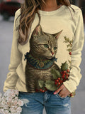 Vitange Christmas Cat Print Long Sleeve Casual Top