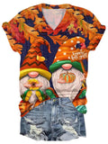 Happy Fall Y'All Gnome Print V-Neck T-Shirt