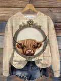 Vintage Cow Print Round Neck Long Sleeve Top