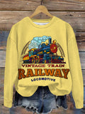 Vintage Train Round Neck Long Sleeve Top