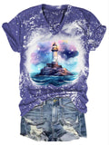 Watercolor Lighthouse Print V Neck Short Sleeved T-Shirt