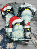 Merry Christmas Cat Print Crew Neck T-Shirt