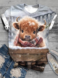 Winter Highland Cow Print Crew Neck T-Shirt