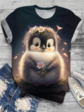 Flower Baby Penguin Crew Neck T-shirt