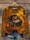 Maple Leaf Cat Women's Round Neck Long Sleeve Top